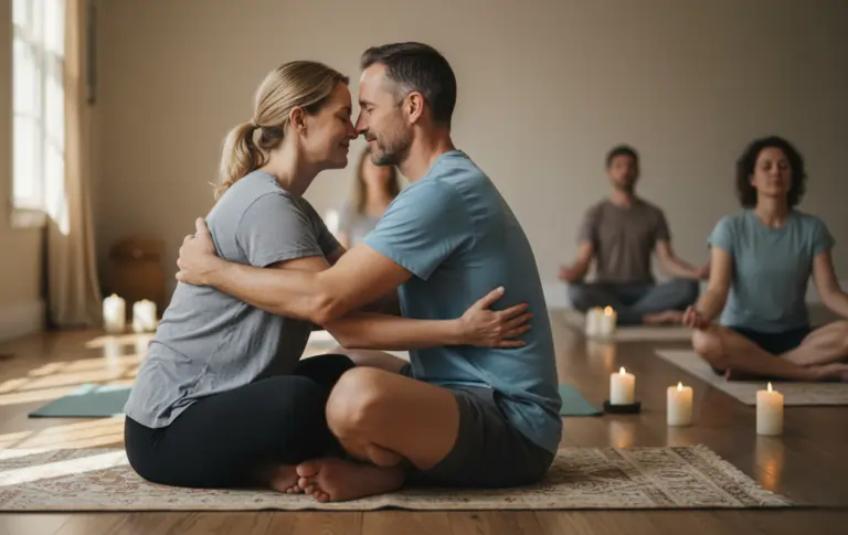 Una coppia si abbraccia durante una sessione di meditazione | Corpo e anima