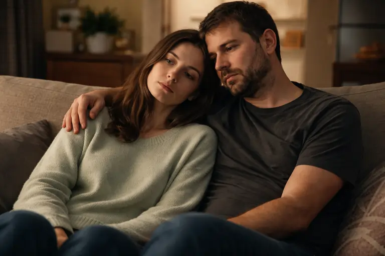Coppia malinconica sul divano con lo sguardo triste | Corpo e Anima