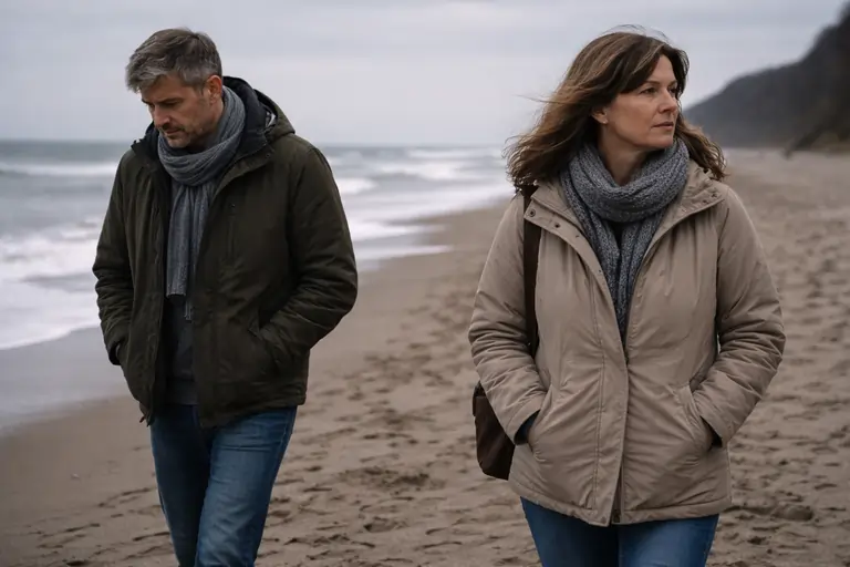 Una coppia adulta passeggia in spiaggia d'inverno senza guardarsi o comunicare | Corpo e Anima